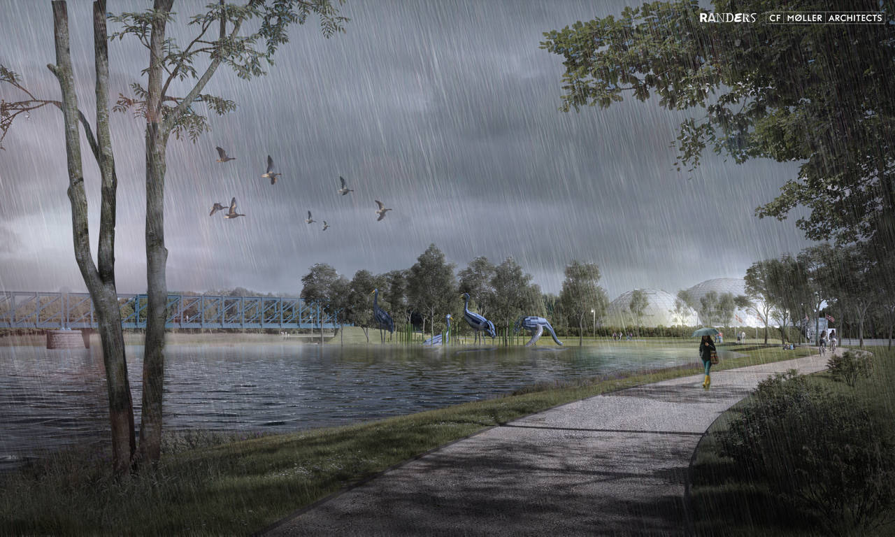 Visualisering af hvordan der vil se ud ved Justesens Plæne ved stormflod.