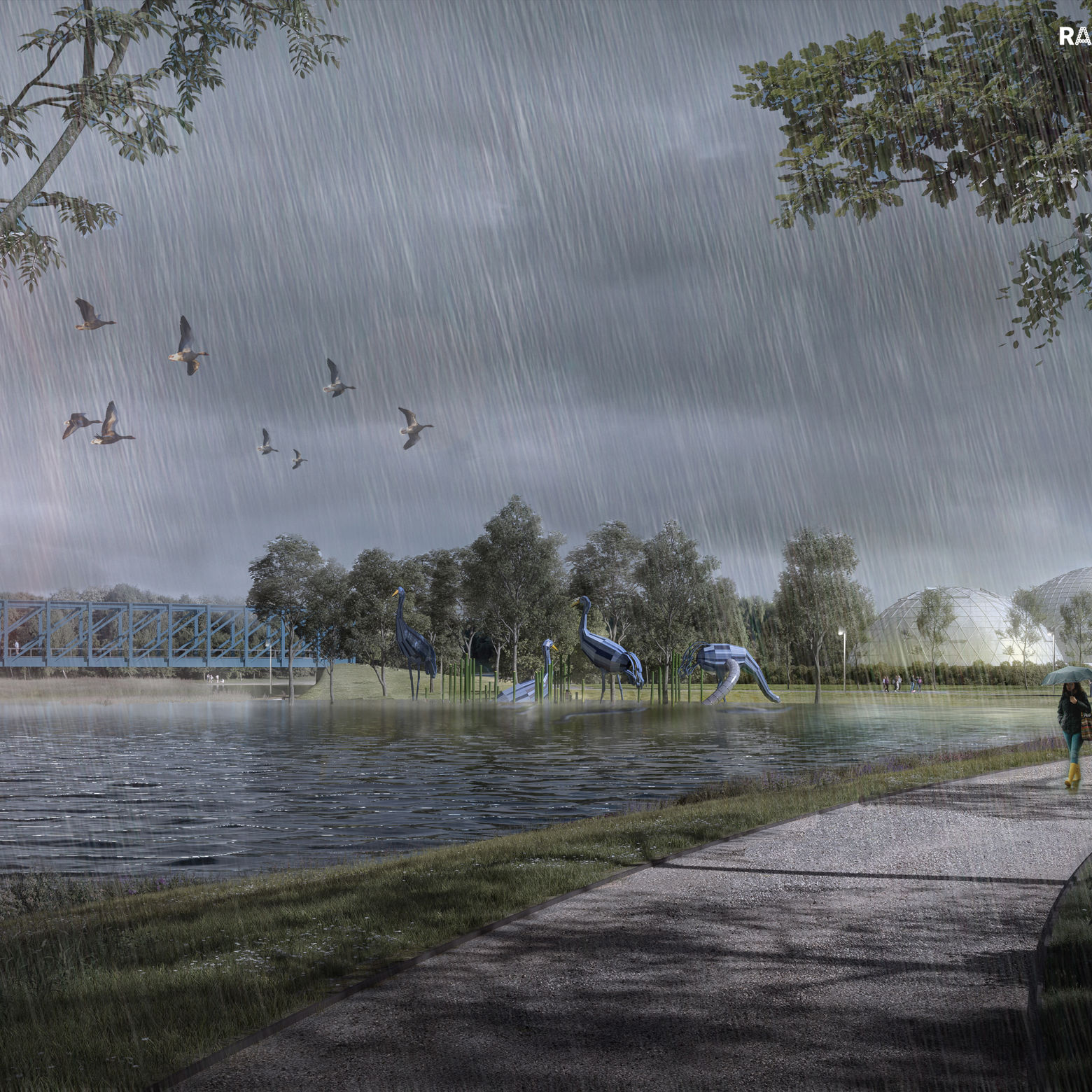 Visualisering af hvordan der vil se ud ved Justesens Plæne ved stormflod.