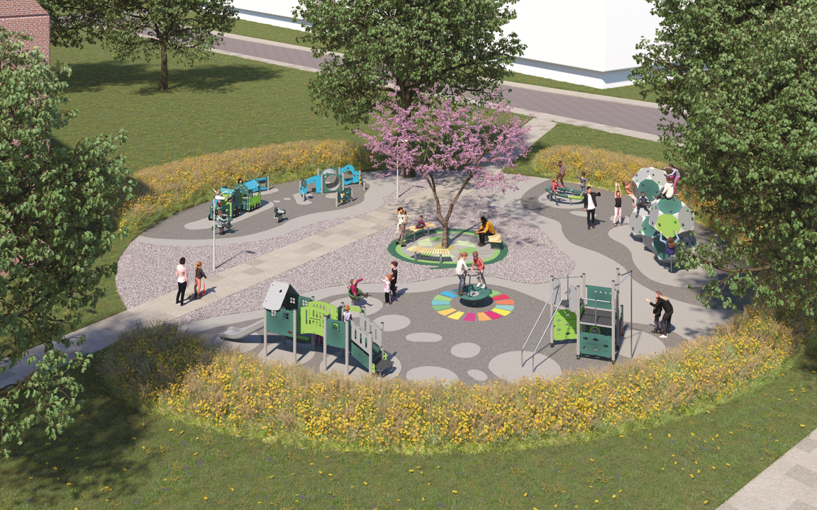 Udendørs legeplads lavet af plastaffald fra hospitaler