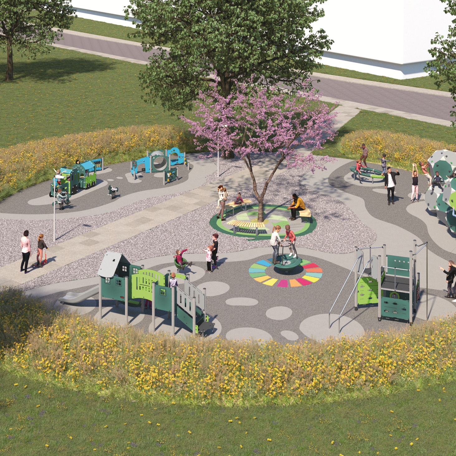 Udendørs legeplads lavet af plastaffald fra hospitaler