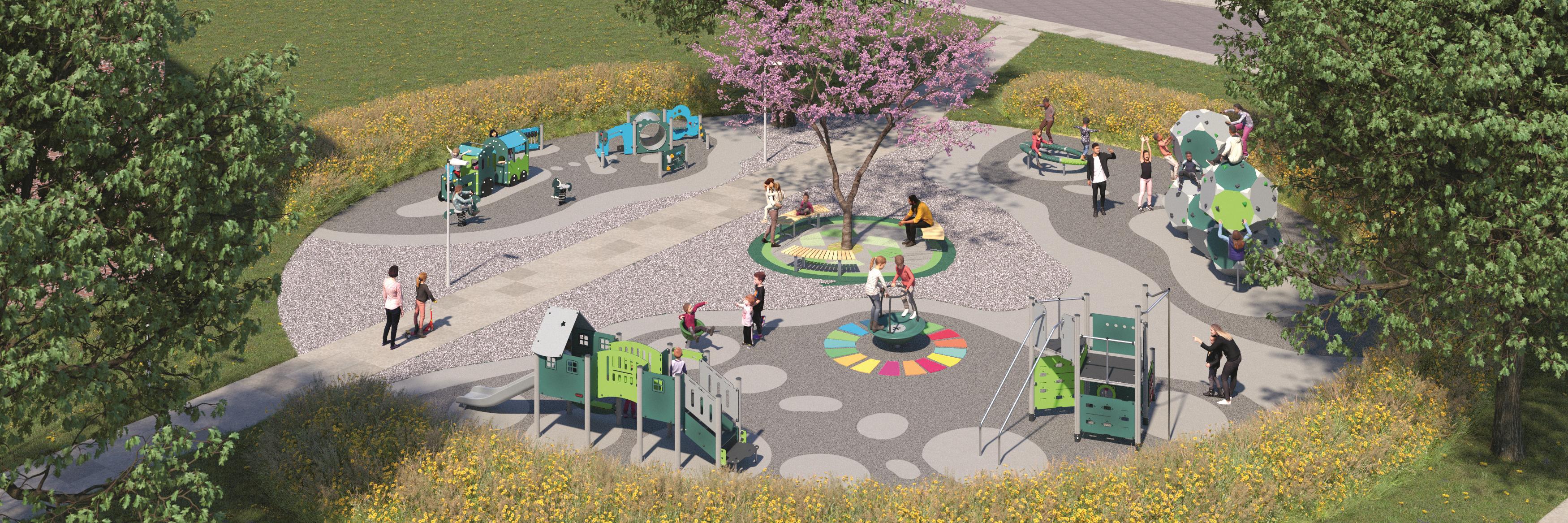 Udendørs legeplads lavet af plastaffald fra hospitaler