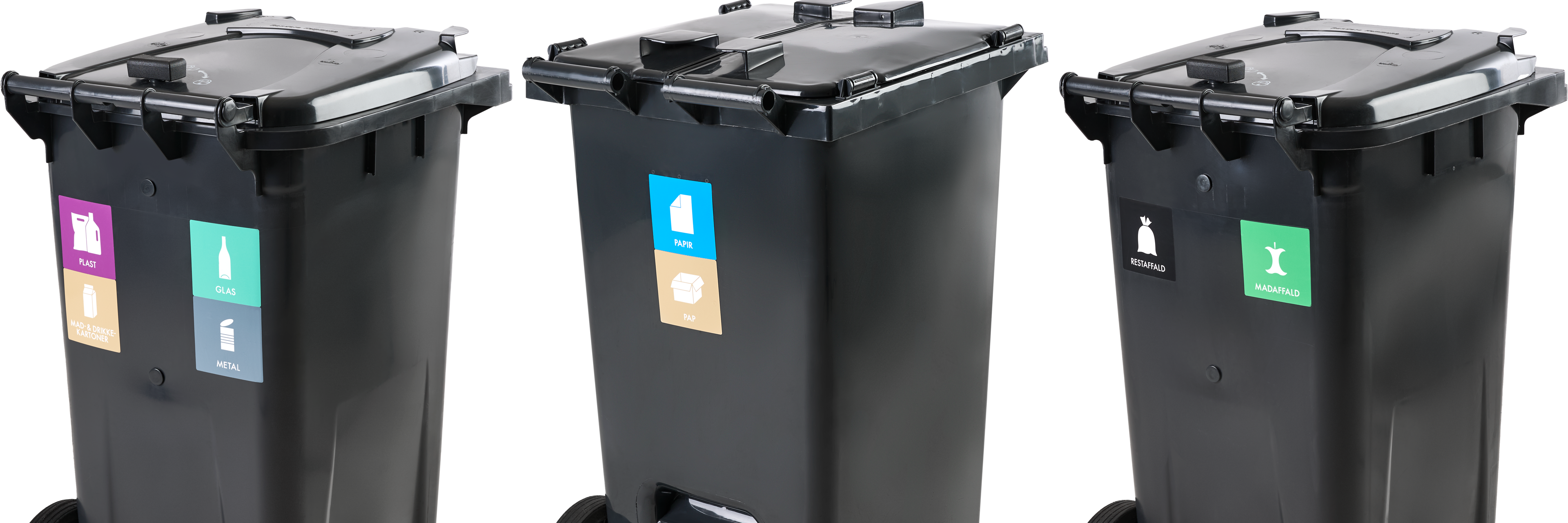 Tre affaldsbeholdere til husholdningsaffald