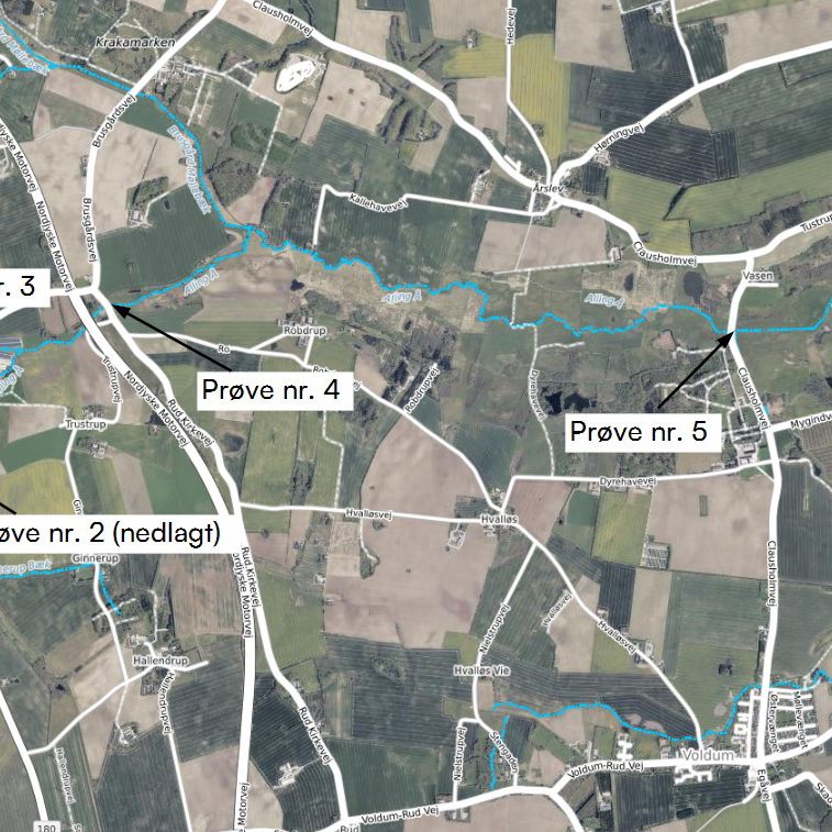 Prøvestation 2 er nedlagt, da overpumpningen fra Alling Å foregår ved denne station og umuliggør prøvetagning og et korrekt prøveresultat.