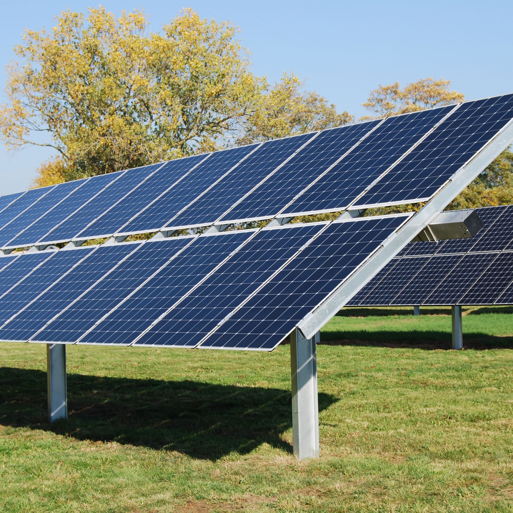 Eksempel på solcellepaneler på stativer med trackermekanisme