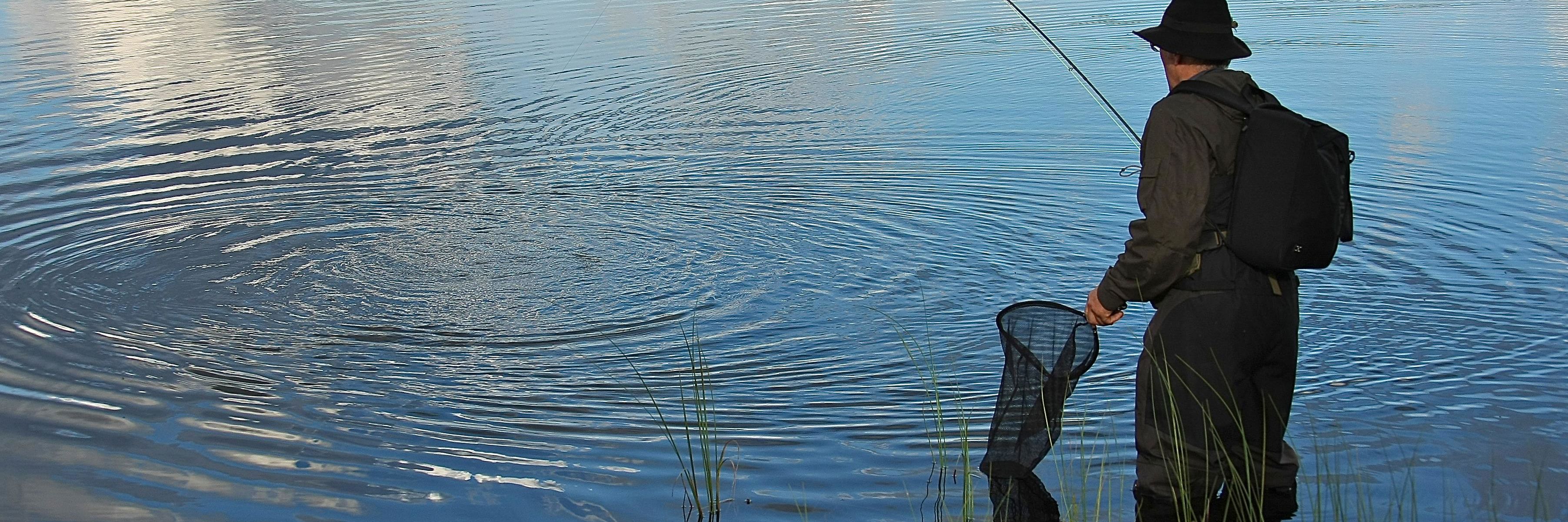 Fisker med net og stang i sø